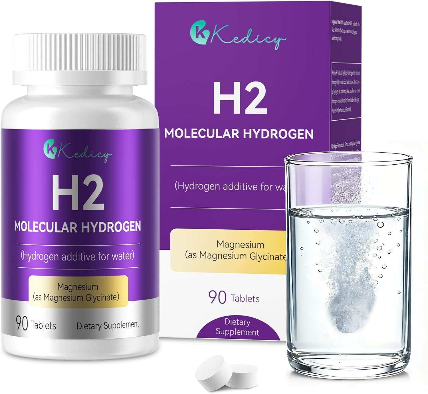 Hydrogen Water Tablets, 8 PPM Hydrogen Tablets for Drinking Water with Magnesium Glycinate Base, H2 Molecular Hydrogen Rich in Antioxidants, Cognitive & Athletic Performance, Energy (90 Counts)
