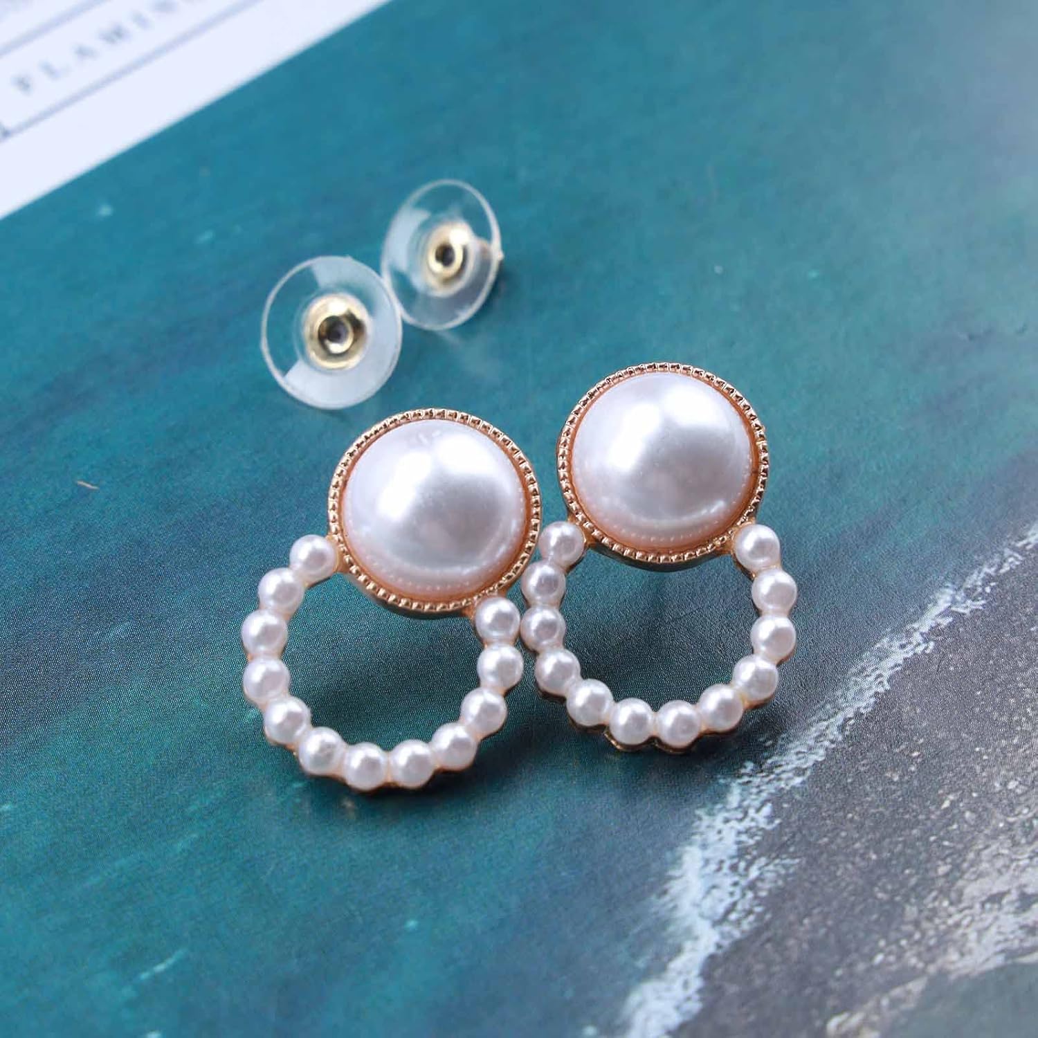 Bohemian Pearl Circle Earrings Gold Pearl Stud Earrings Round Pearl Earrings Retro Hollow Circle Earrings Jewelry for Women - Image 4