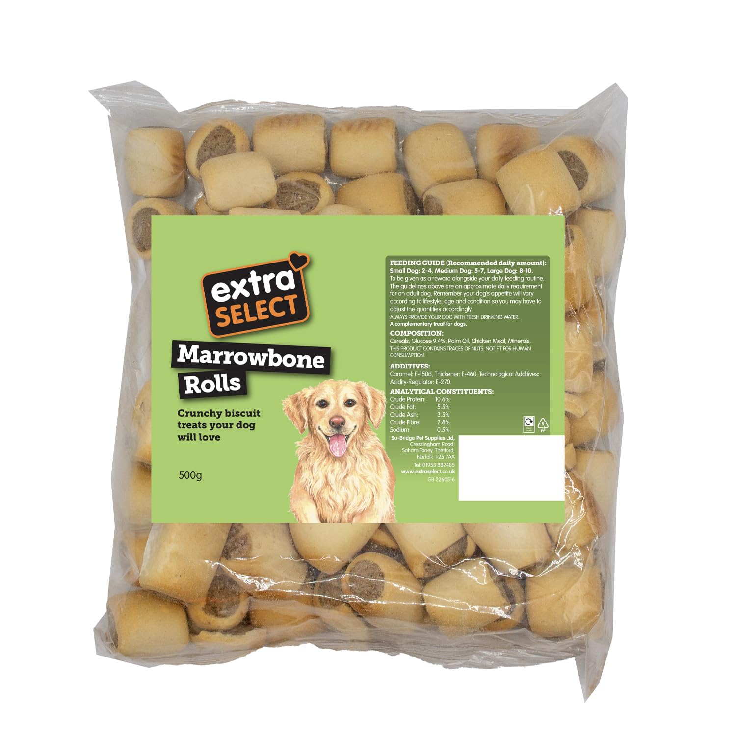 Extra Select Marrowbone Rolls - Crunchy Dog Biscuits & Snacks with Meaty Center - Marrow Bone Puppy Treats & Bedtime Biscuits for Dogs - 500 g