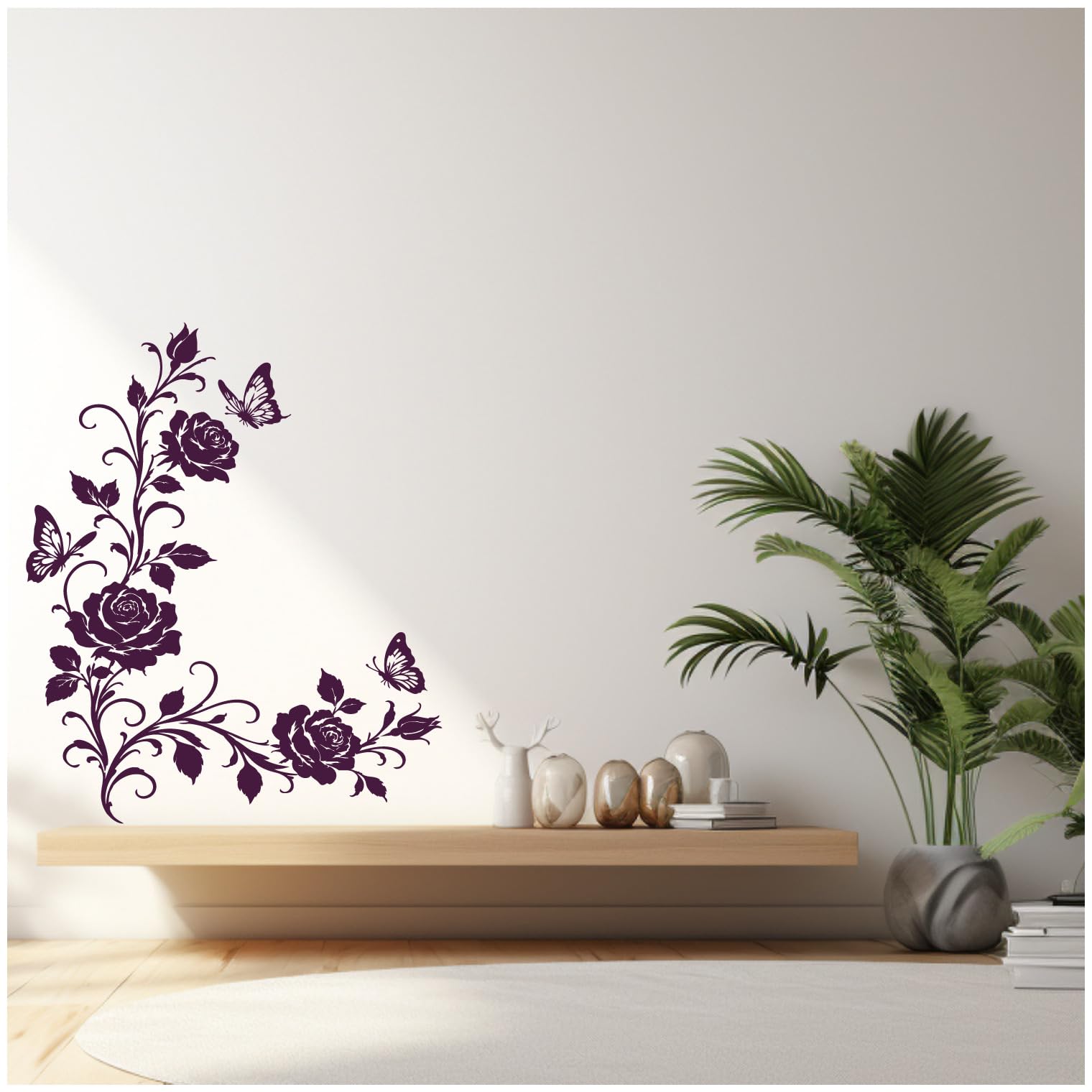 Samunshi® Wandtattoo Rosen Blumenranken Ecke mit Schmetterlingen Elegante Blumen Wanddekoration Florales Wandmotiv für Wohnzimmer, Schlafzimmer, Flur und Küche rot 89 x 120cm
