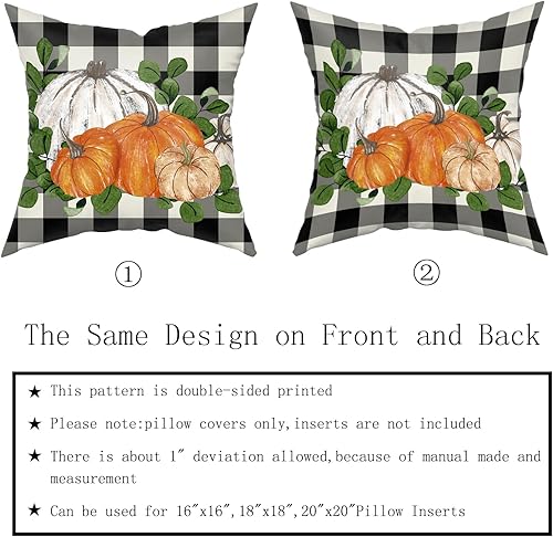 Miniatura 5 de Juego de 2 fundas de almohada de otoño de 20 x 20 pulgadas, color blanco, naranja, calabaza, hoja de eucalipto, búfalo negro, a cuadros, fundas