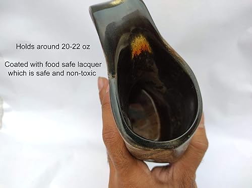 Miniatura 4 de Juego de 2 tazas de cuerno vikingo, 100% auténtica jarra medieval de cuerno de cerveza con superficie de madera, taza de cuerno vikingos de 16