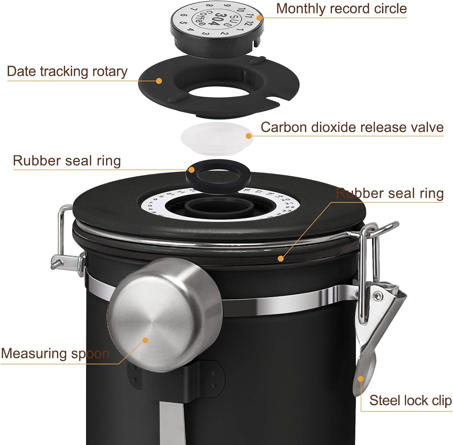 2.8L Airtight Vacuum Coffee Canister, Stainless Steel Storage Container for Coffee Beans and Grounds with Scoop.Suitable for coffee powder, coffee beans, rice, tea leaves, sugar, flour, and grains