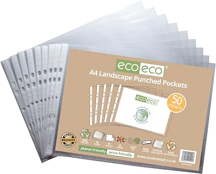 eco-eco A4 100% Recycled Landscape Multi Punched Pockets Glass Clear, Transparent Poly Wallet Sheet Protector, 45 Microns (Pack of 50), eco145