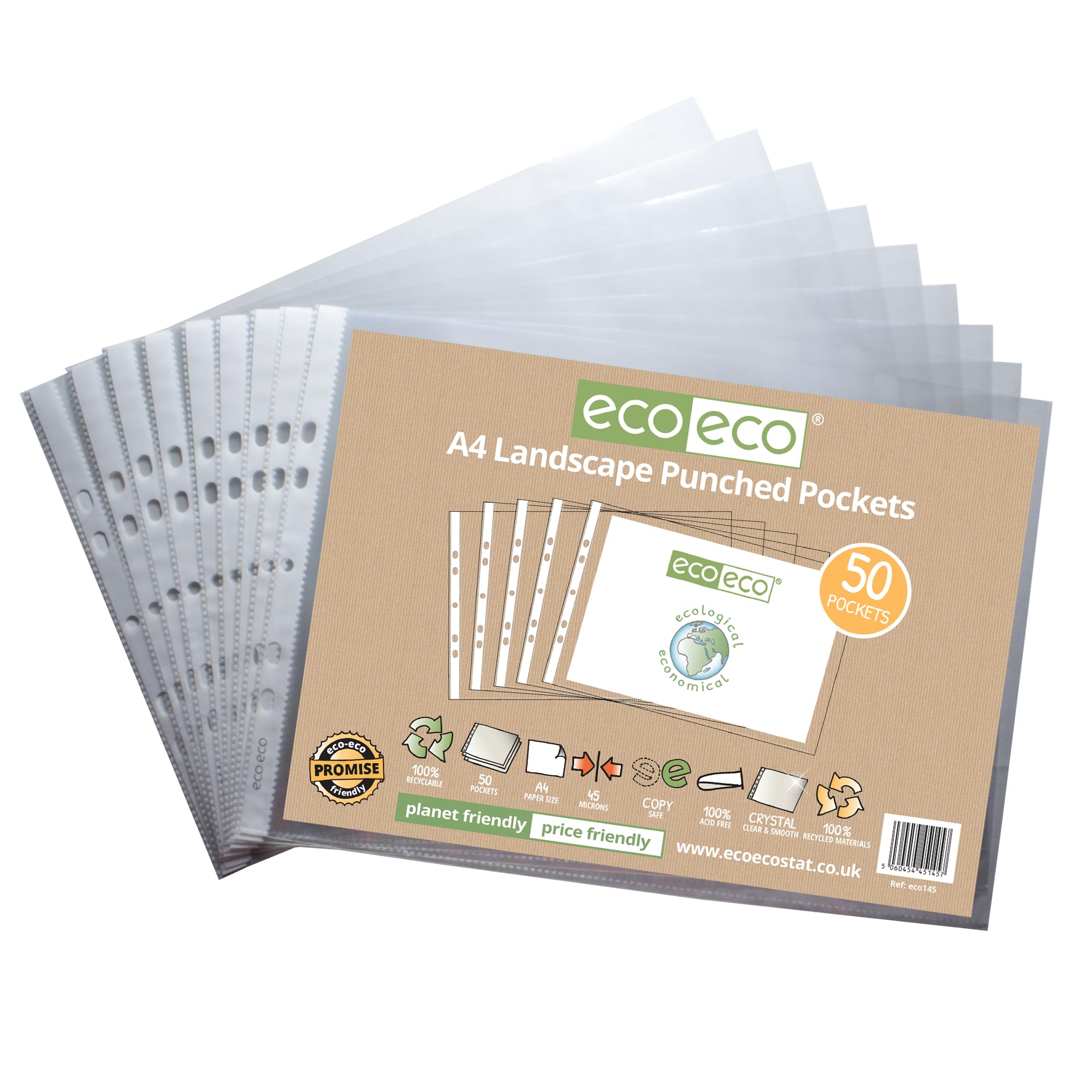 eco-eco Buste trasparenti formato A4, 100% riciclate, orizzontali, multi perforate, in poliestere, 45 micron (10 confezioni da 50), eco145 x 10