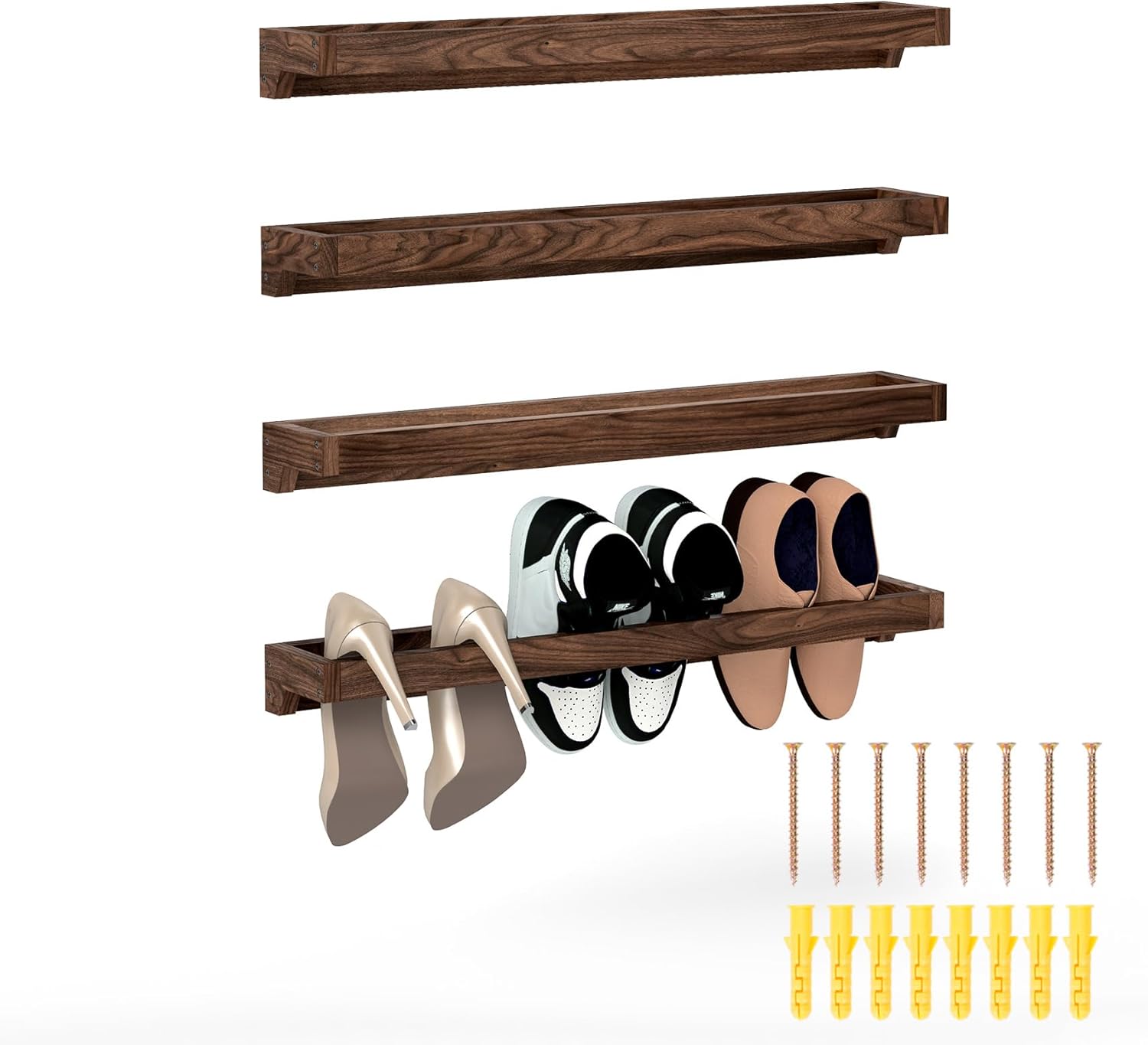 lesolar wall mounted shoe rack 30in, hanging shoe organizer rack 4 pack, solid wood shoe storage rack rustic burnt, wooden shoe shelf rack, hanging shoe organizer holder for closet door rv entryway