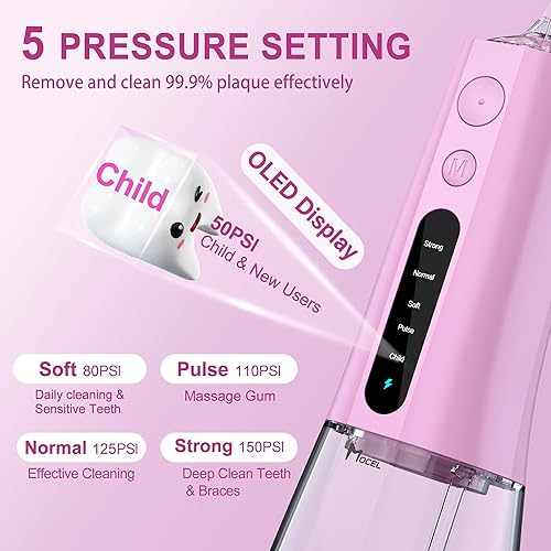 Miniatura 10 de Irrigador dental de agua inalámbrico MOCEL 5 modos de irrigador oral 300ML portátil y USB C cable recargable IPX7 impermeable hilo dental limpiador