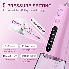 MOCEL Water Dental Flosser OLED Display Cordless Teeth Cleaning MOCEL 5 Modes Oral Irrigator 300ML Portable and USB C Rechargeable IPX7 Waterproof Floss Teeth Pick (Pink)