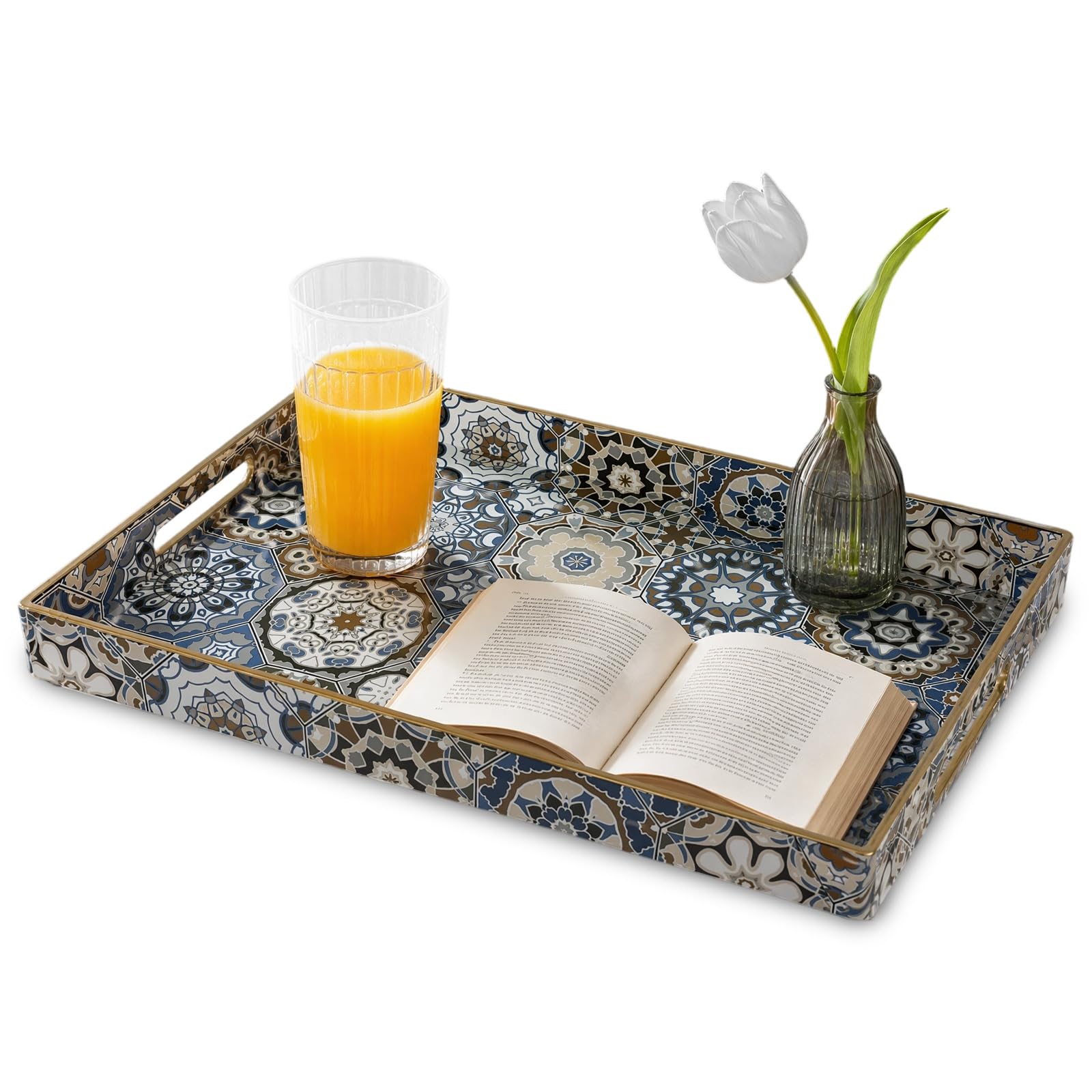 Moroccan Tile-Inspired Decorative Tray - Rectangular Plastic Serving Tray with Gold Rim and Handles | Elegant Vintage Tea Tray for Coffee Table, Bathroom, Vanity, Hosting & Entertaining - 40x30x4cm