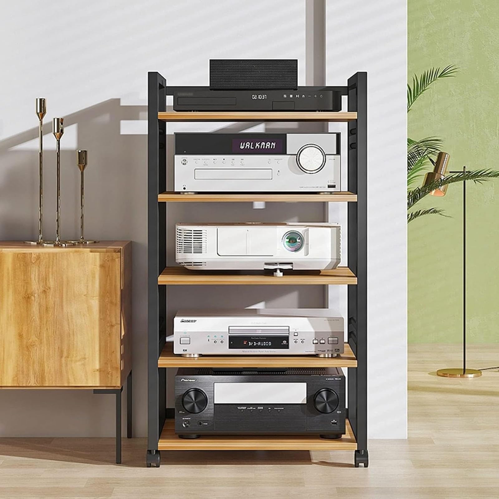 HOFSSI Mobile 5-Tier AV Media Storage Cabinet, Adjustable Open Storage Rack Floor-Standing Multi-Function Shelf Cabinet for Home/Office/Audio Video/DJ/Theater