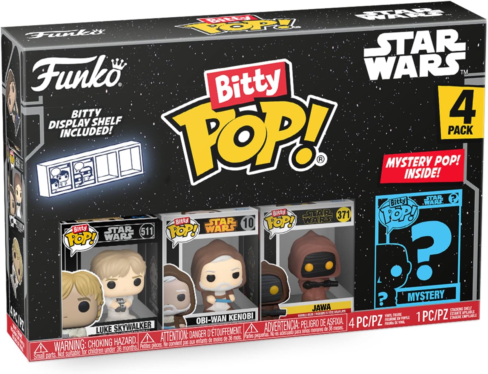 Funko Bitty POP! Star Wars - Luke, 4-Pack - Luke Skywalker, OBI-Wan Kenobi, Jawa and A Surprise Mystery Mini Figure - 0.9 Inch (2.2 Cm) Collectable - Stackable Display Shelf Included - Gift Idea