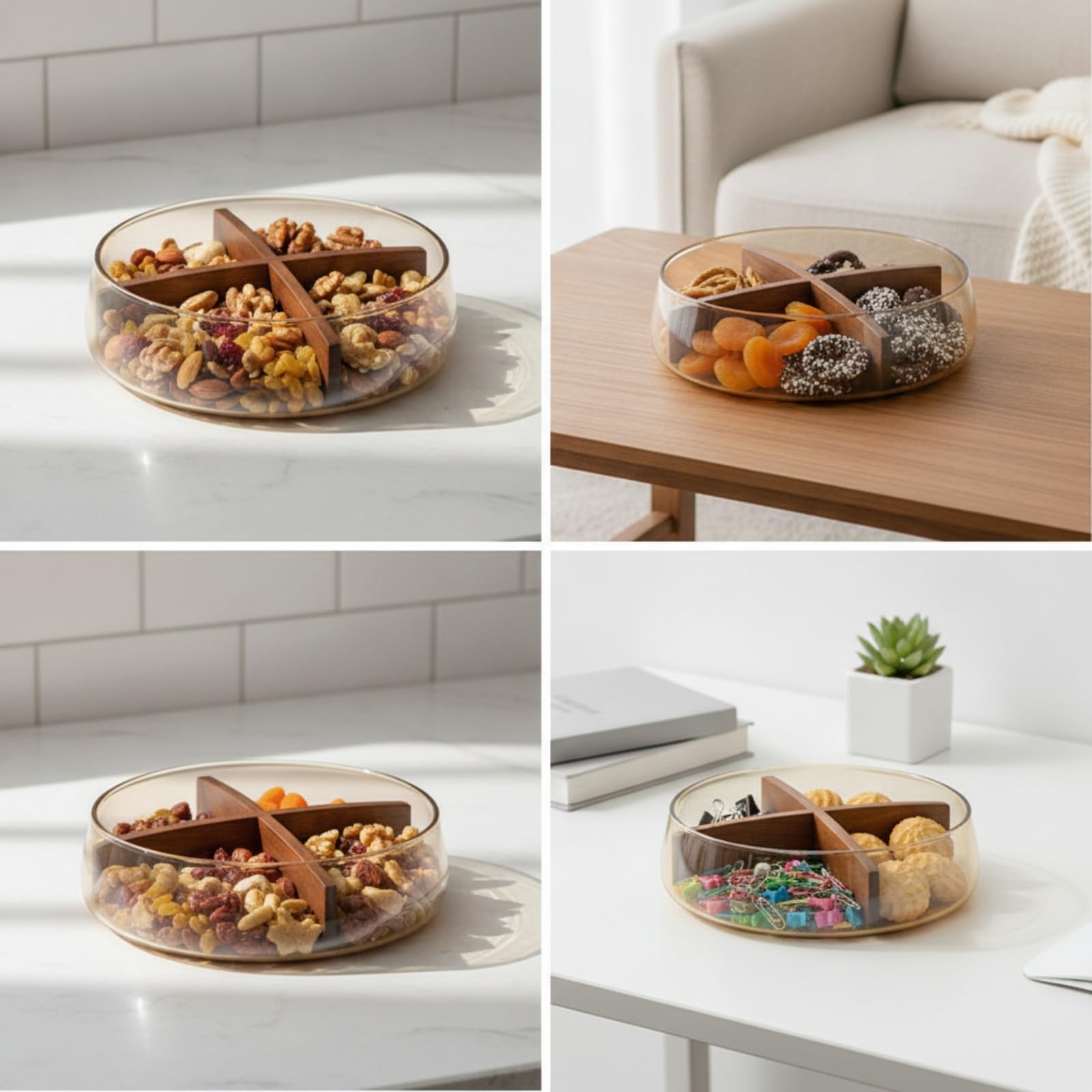 Bowl Vidrio con Tapa Madera | Funcional, Vidrio Redondo con Tapa Madera, para Entretenimiento en Casa, Con Divisor