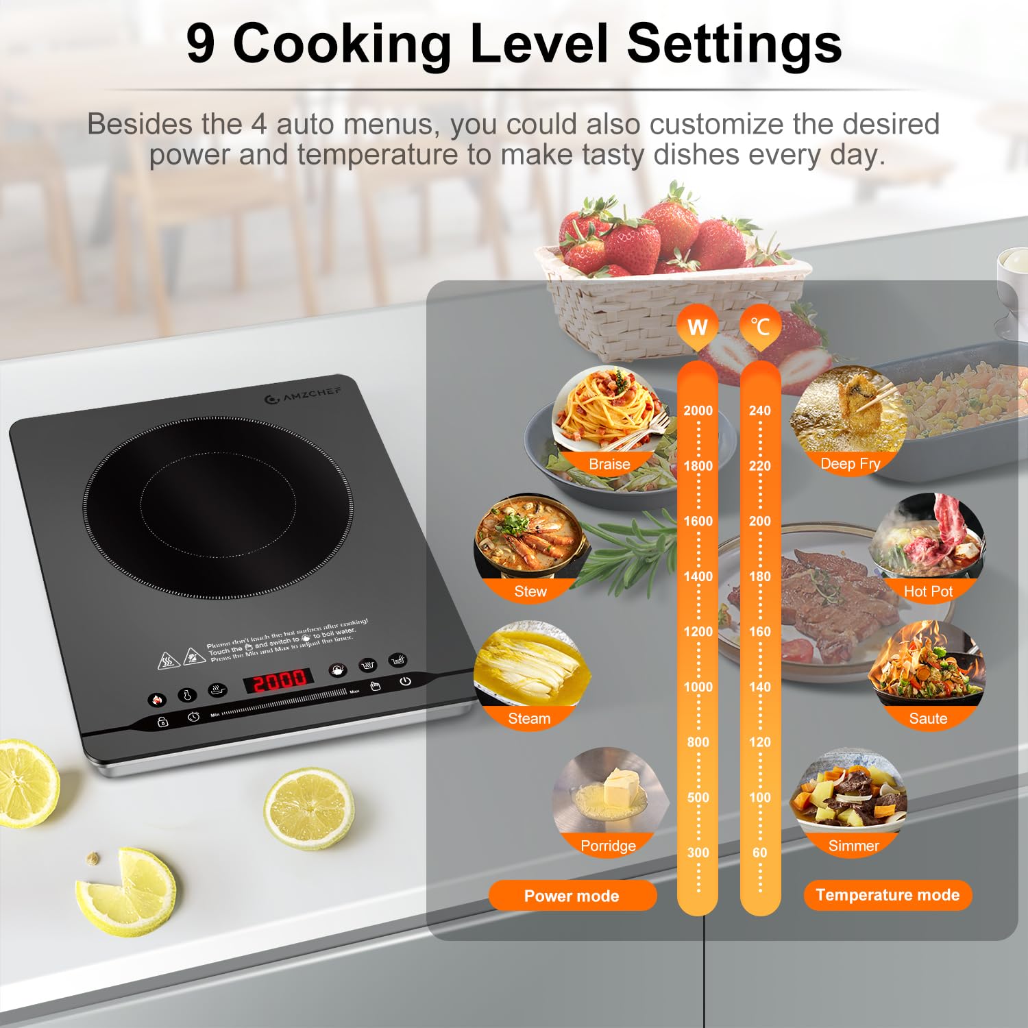 AMZCHEF 2000W Induktionskochfeld 1 Platte, Induktionskochplatte Einzel, Extra Leise (≤42dB), Nur 4cm Schlankes Design, 9 Stufen & 4 Menüs, Timer, Grau