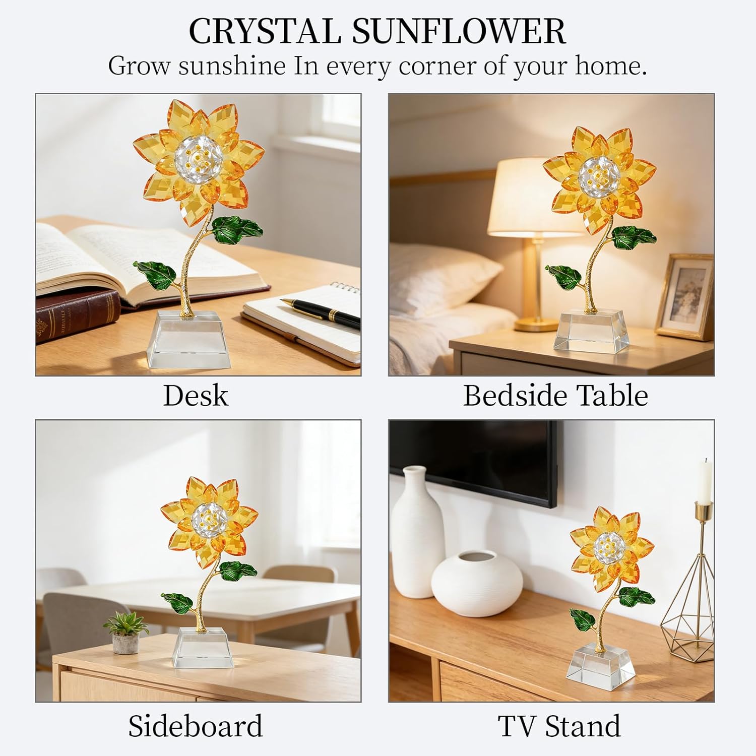 Golden Sunflower Crystal Flower Figurine with Base - Handmade Glass Crystal Sunflower Ornament with Gold-Plated Stem & Green Enamel Leaves, Tabletop Home Decor Good Luck Gift for Women