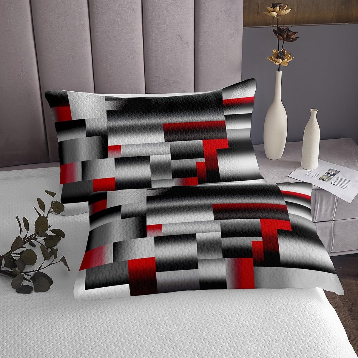 jejeloiu Red Gray Black Abstract Bedspread Queen Size Modern Geometric Art Coverlet Set Geometry Rectangle Room Decorative Quilted Coverlet Quilted Set 3Pcs Bedspreads Quilt
