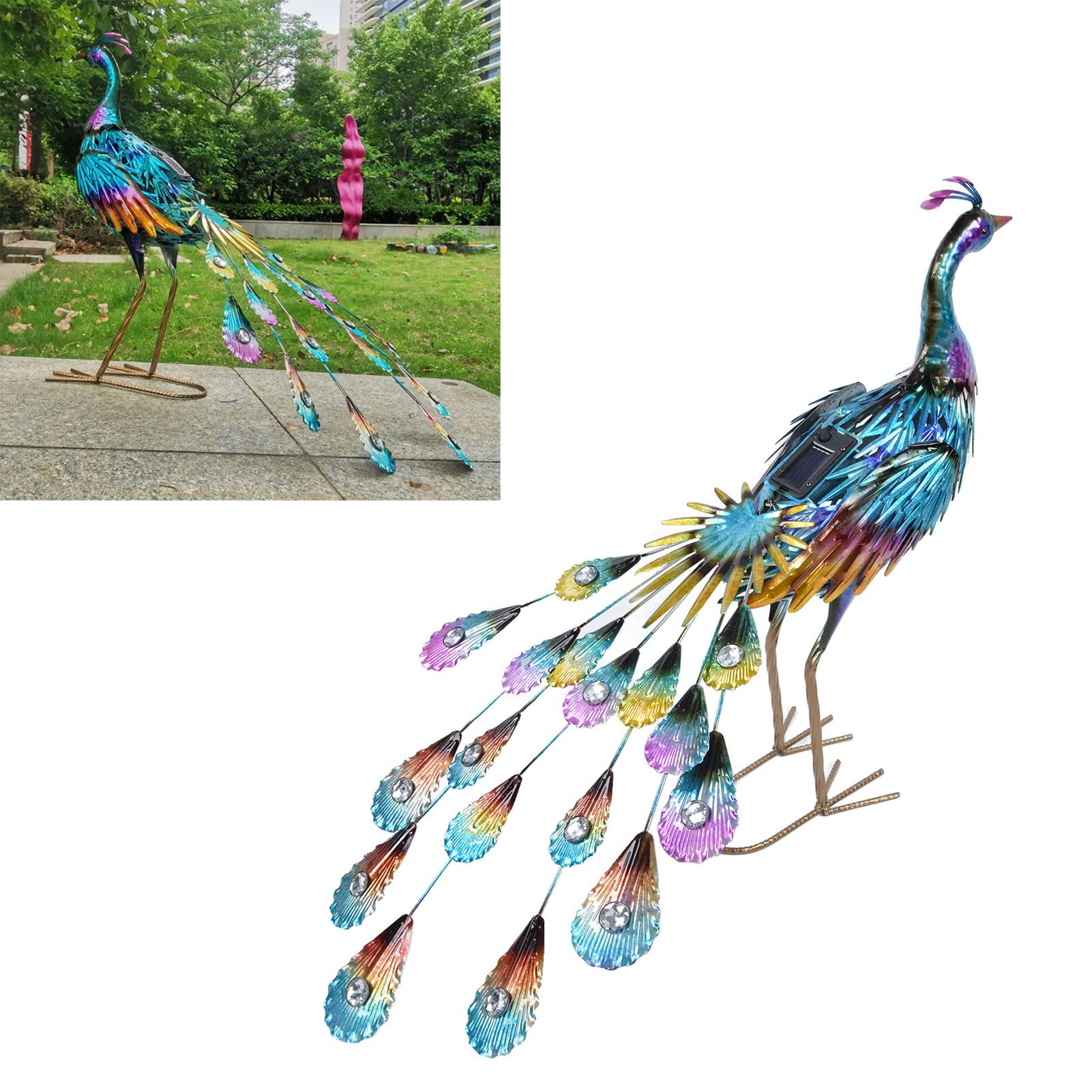 Statua Da Giardino A Forma Di Pavone Con Luci Solari - Altezza 83,8 Cm - Decorazione Metallo Per Esterno - 4