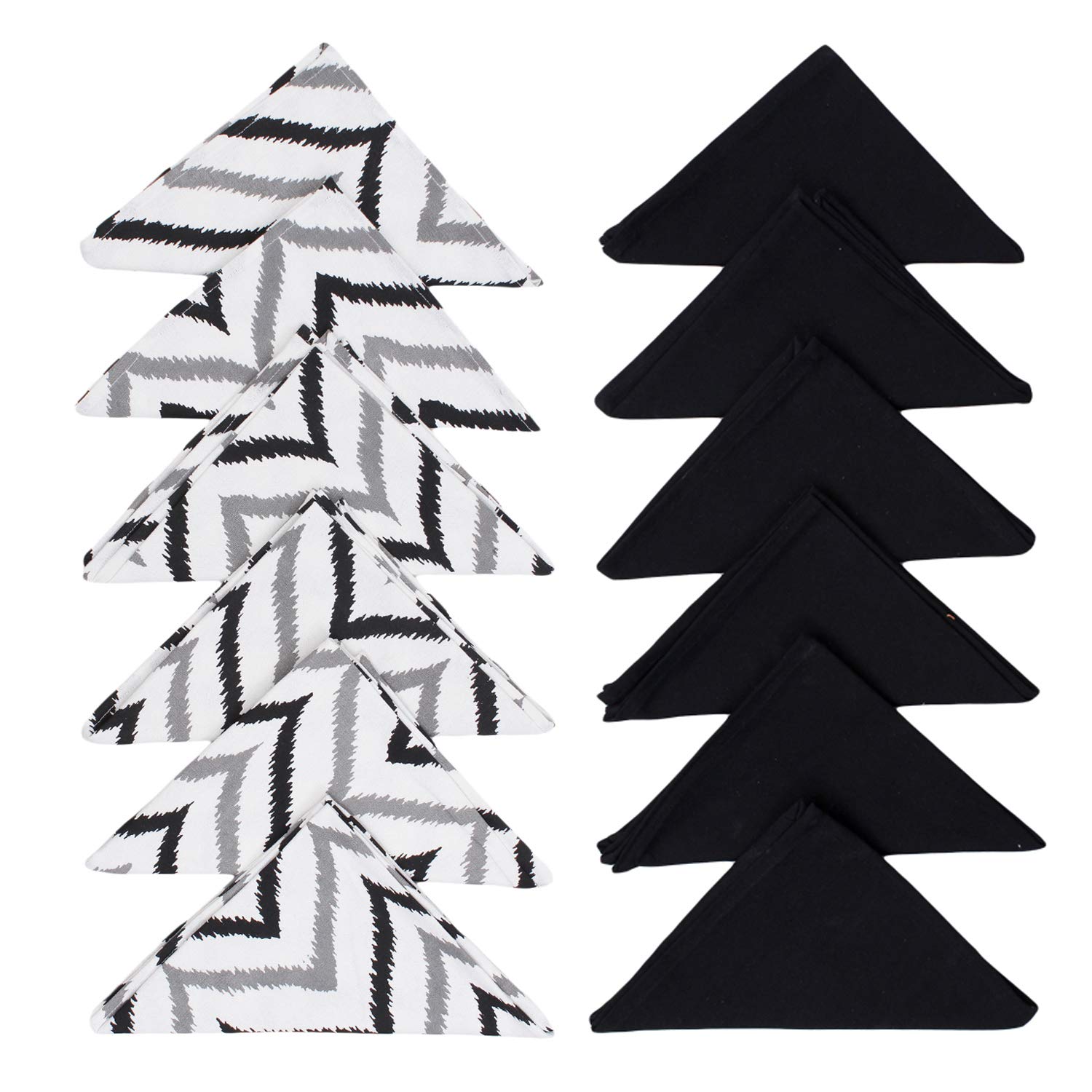 Dekor World Cotton Black Ikat Chevron Printed and Solid Napkin Set (Pack of 12)