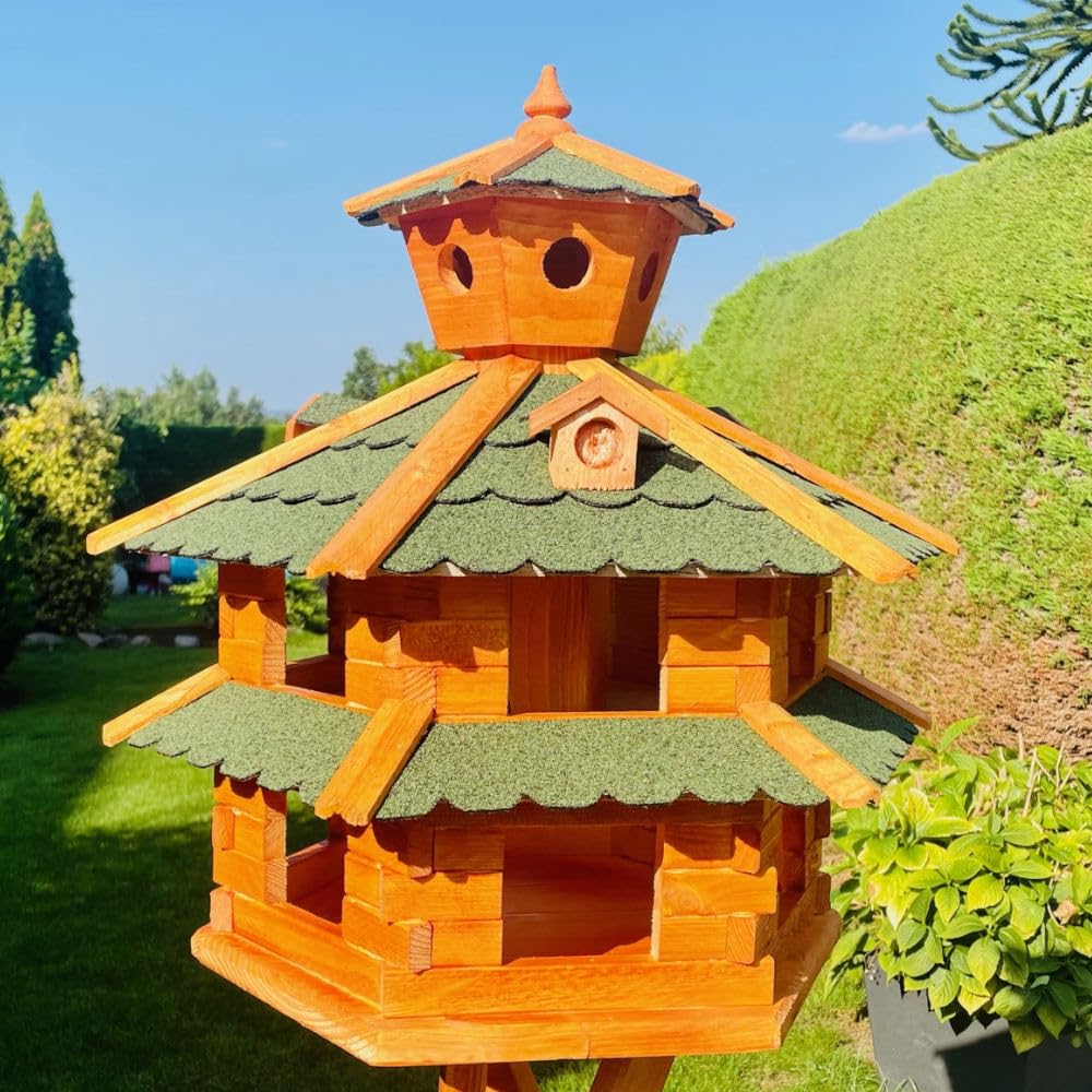Villa para pájaros resistente a la intemperie, de L a XXL, comedero, con o sin soporte, en color marrón con rojo, verde o azul, para jardín y balcón (tamaño XXL, sin soporte, verde - marrón)