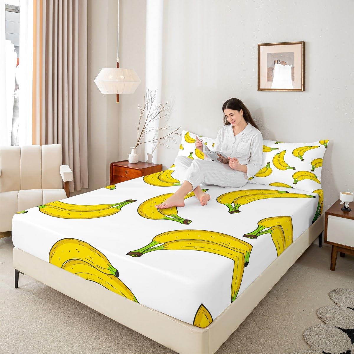 Erosebridal Banana Fitted Sheet, Kids Girls Fruit Food Theme Bedding Set, Cartoon Banana Bed Sheet Twin Size for Children Boys Teens, Tropical Botanical Fitted Bed Sheets 2 Pcs with 1 Pillow Case