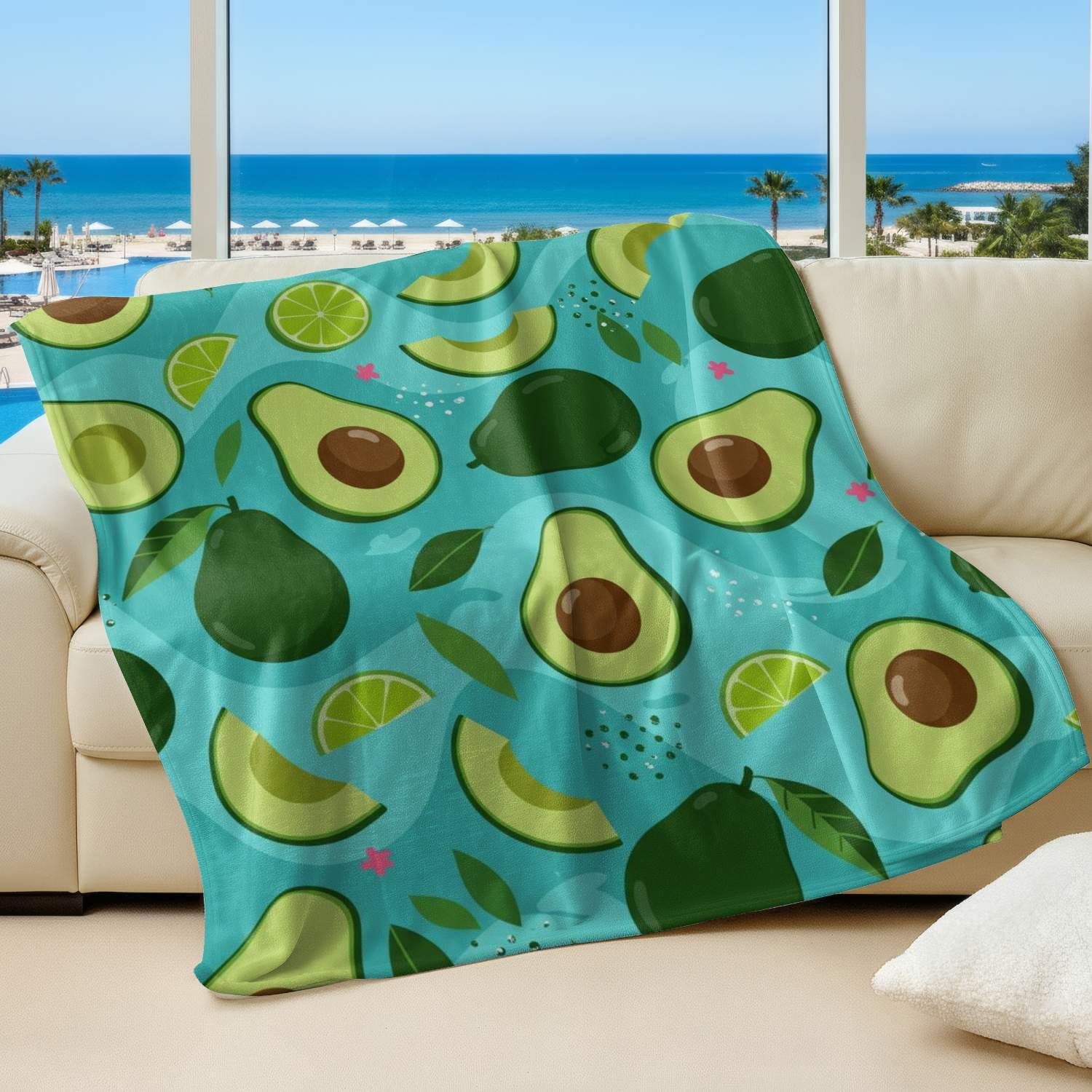 Couverture flanelle avocat et citron vert 150x200cm pour decoration interieure et voyage