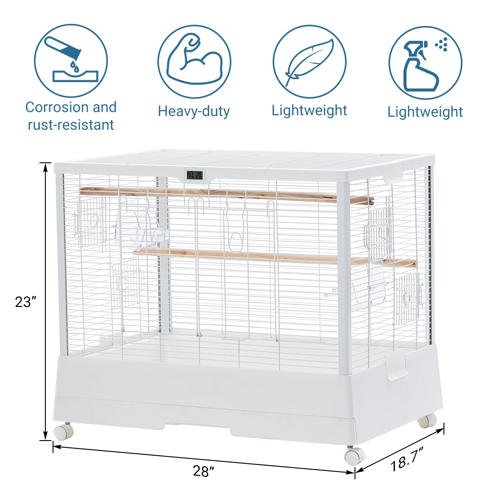Garvee Jaula para pájaros de Acero con Carro – 28 Pulgadas, Bandeja extraíble, Estante, Control de Temperatura y Humedad – Ideal para periquitos, inseparables, cacatúas, conuri y pequeños/medianos