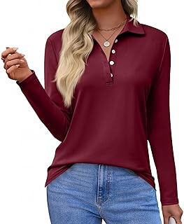 Long Sleeve Shirts for Women V Neck Polo Collared Tops Fall Loose Golf Casual Tunic Blouses