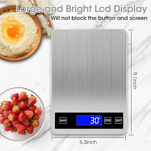 Miniatura 4 de Báscula digital de alimentos, baterías de báscula de cocina de 33 libras y carga USB, graduación precisa de 0.05 onzas, acero inoxidable impermeable