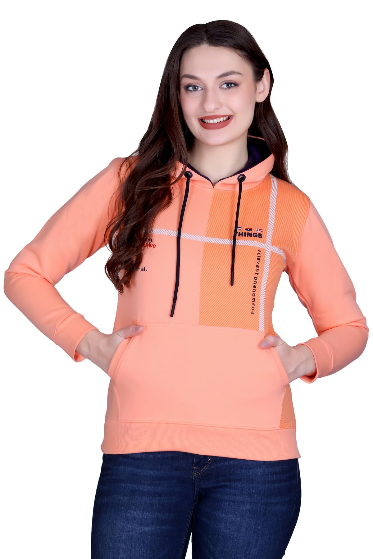 hold Women's Orange Printed Hoodie Sweatshirt, Fleece Fabric, Casual Pullover with Kangaroo Pocket, Drawstring Hood-picture-5