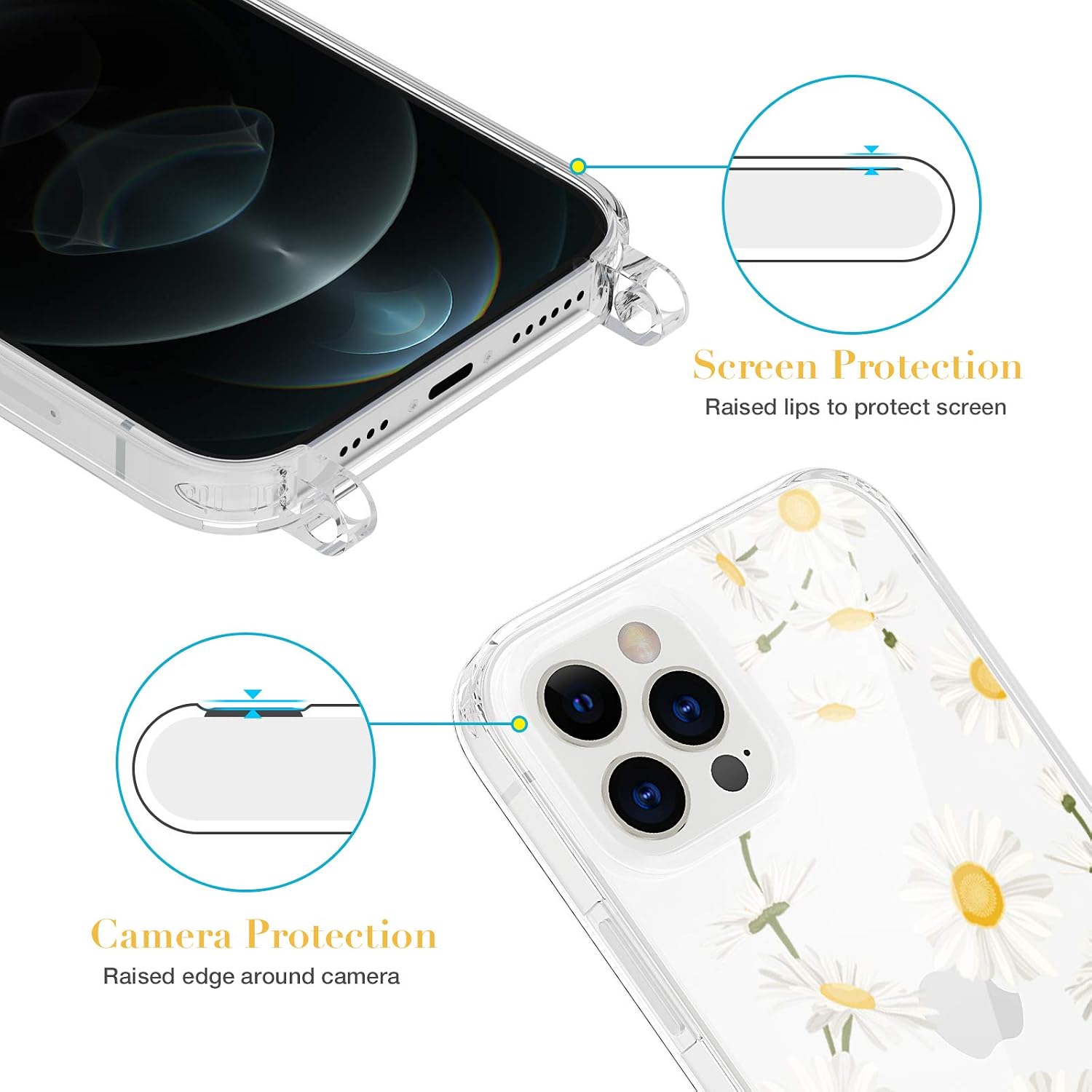 Caka Case for iPhone 12 Pro Max Crossbody with Strap, iPhone 12 Pro Max Case for Girls Women Girly Daisy Floral Flower Clear Case with Lanyard Protective Case for iPhone 12 Pro Max 6.7 inches -Daisy