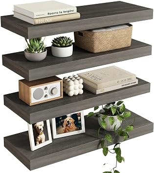 Fixwal 15.8 Inch Floating Shelves Rustic Wood Finish Wall Shelves Set of 4 Wall Decorative Shelves with Hidden Bracket for Bathroom Living Room Bedroom Kitchen Grey