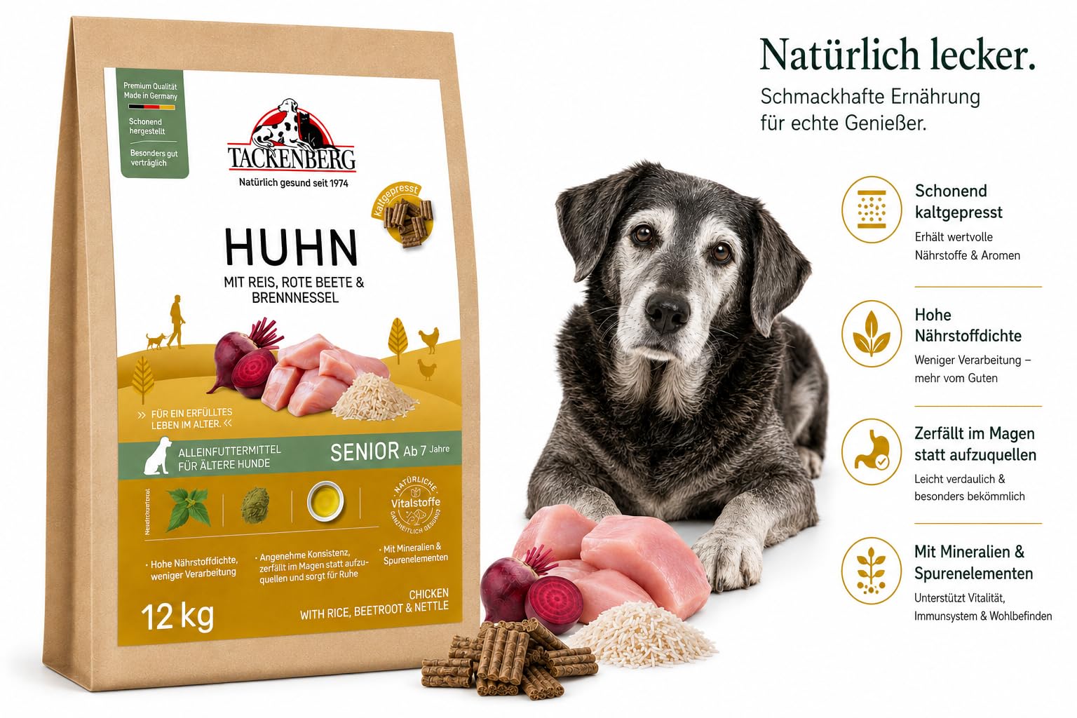 TACKENBERG 12000 g Trockenfutter für Hunde kaltgepresst, Senior Huhn
