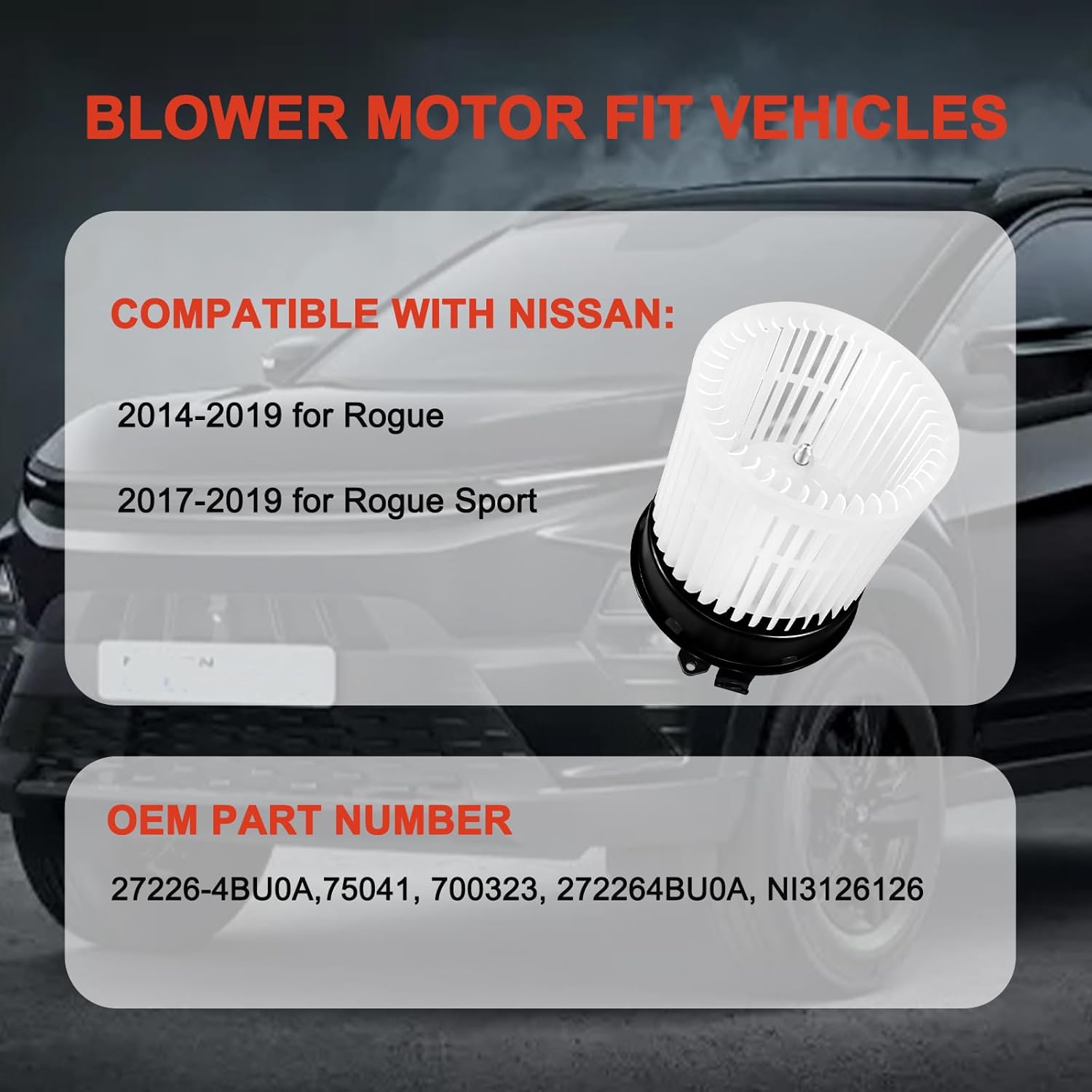 AC Heater Blower Motor 700323 HVAC Fan Motor Replacement Compatible with Nissan for Rogue 2014-2019, for Rogue Sport 2017-2019 27226-4BU0A, 272264BU0A, NI3126126, 75041