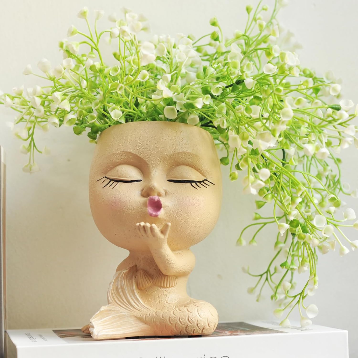 Face Planters Pots Head Kiss Girl Mermaid Statue Flower Pot Resin Head Planters for Indoor Plants Cute Vase Home Decor with Drainage Hole (Khaki)