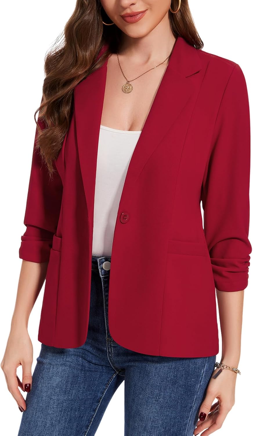 MINTLIMIT Womens Casual Blazers 3/4 Ruched Sleeve One Button Blazer Lapel Collar Business Office Suit Jacket with Pockets