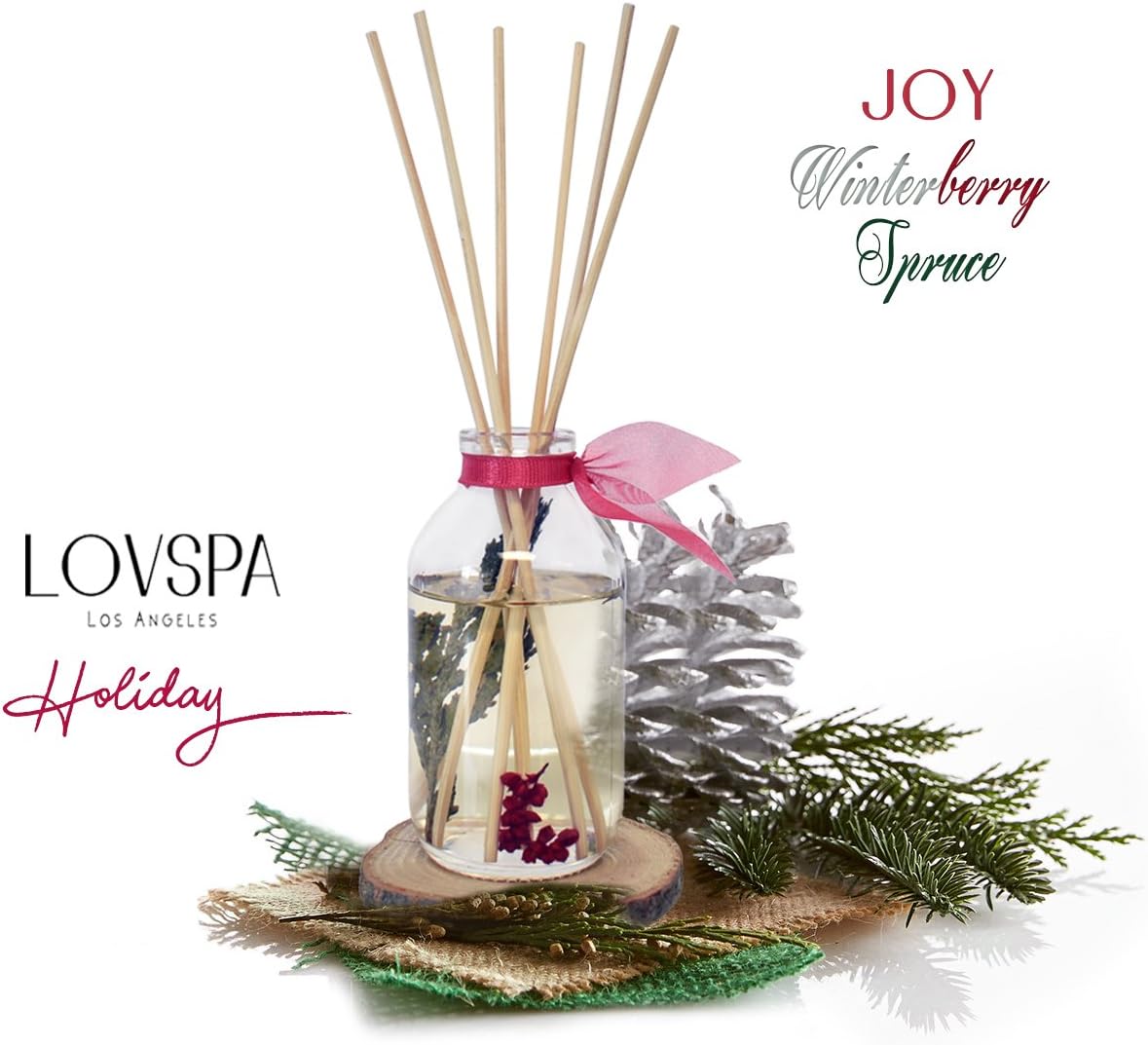 LOVSPA Reed Diffuser Set, Joy Winterberry Spruce Scented Oil Diffuser with Sticks, Home Fragrance Accessories for Bathroom Shelf Decor, Aroma Diffusers for Home or Office Desk, USA Made - Image 5
