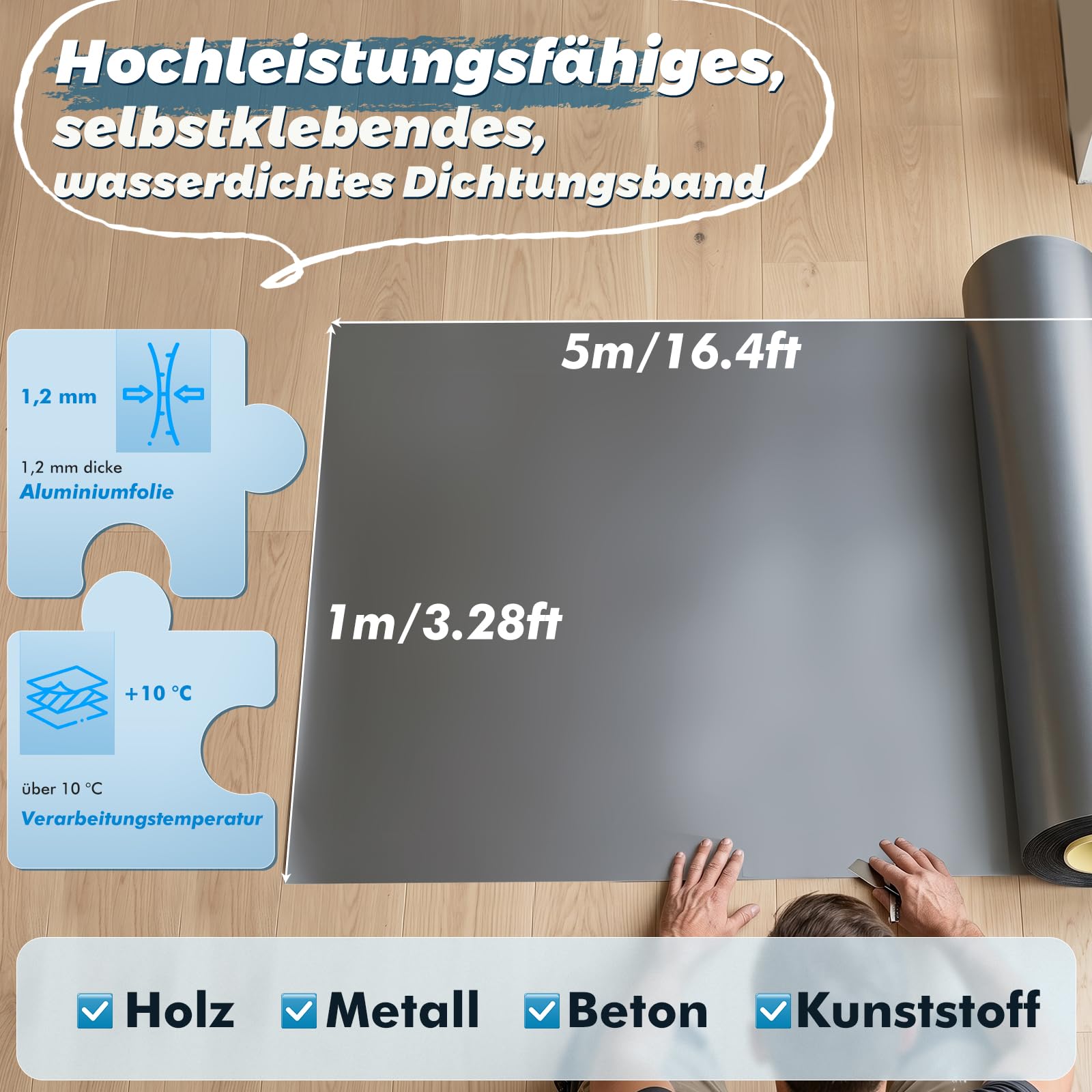 Dachfolie Selbstklebend 5 x 1 m, Aluminium Dachabdichtung mit Starkem Bitumenkleber, Wasserdicht, UV-Beständig und Wärmereflektierend, für Garagendach, Gartenhaus, Schuppen, 1,25 mm (Silbergrau)
