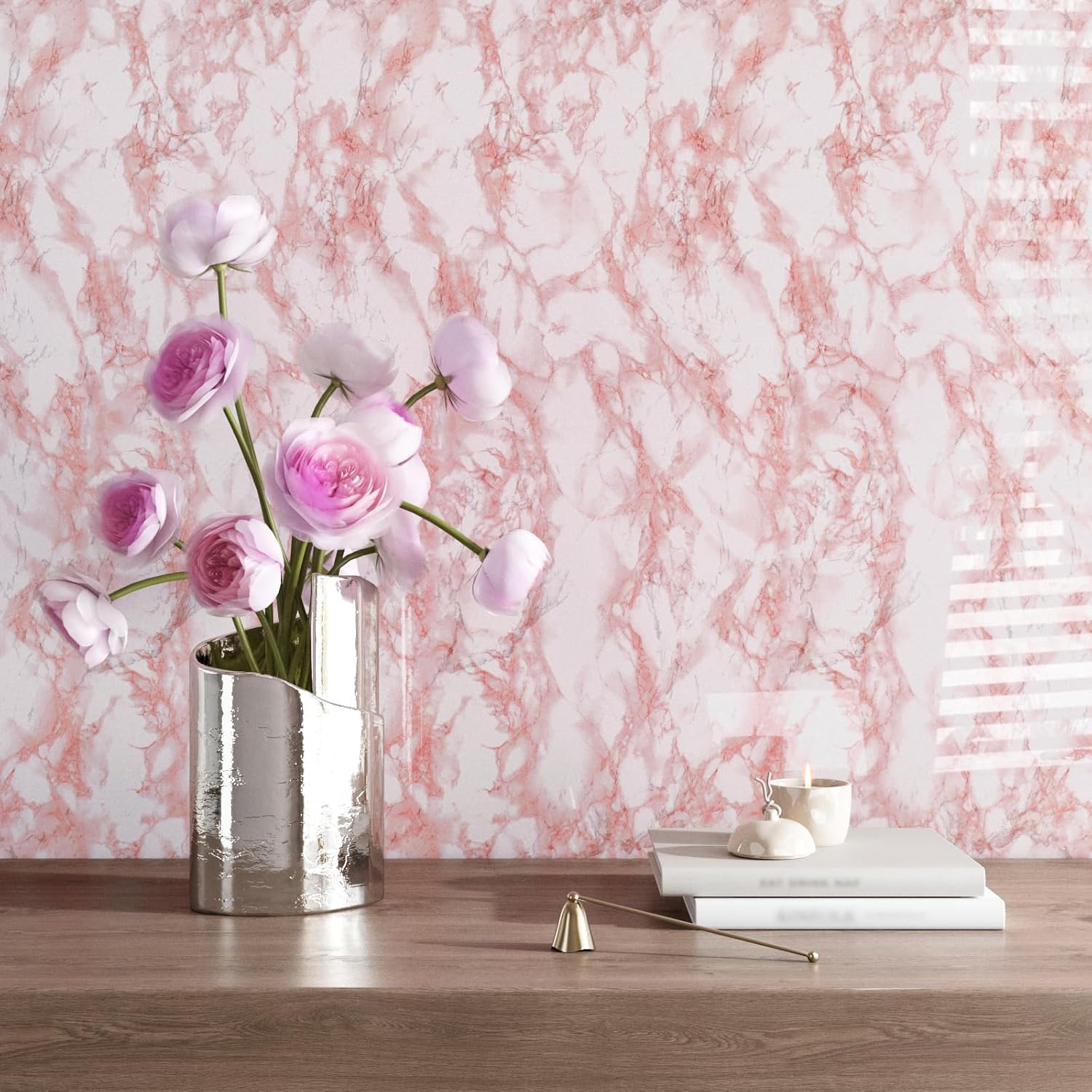 VEELIKE Blush Pink Marble Contact Paper for Countertops Peel and Stick Waterproof Glossy Pink Marble Wallpaper for Countertops Dresser 15.7''x236'' Self Adhesive Vinyl Countertop for Kitchen Bathroom