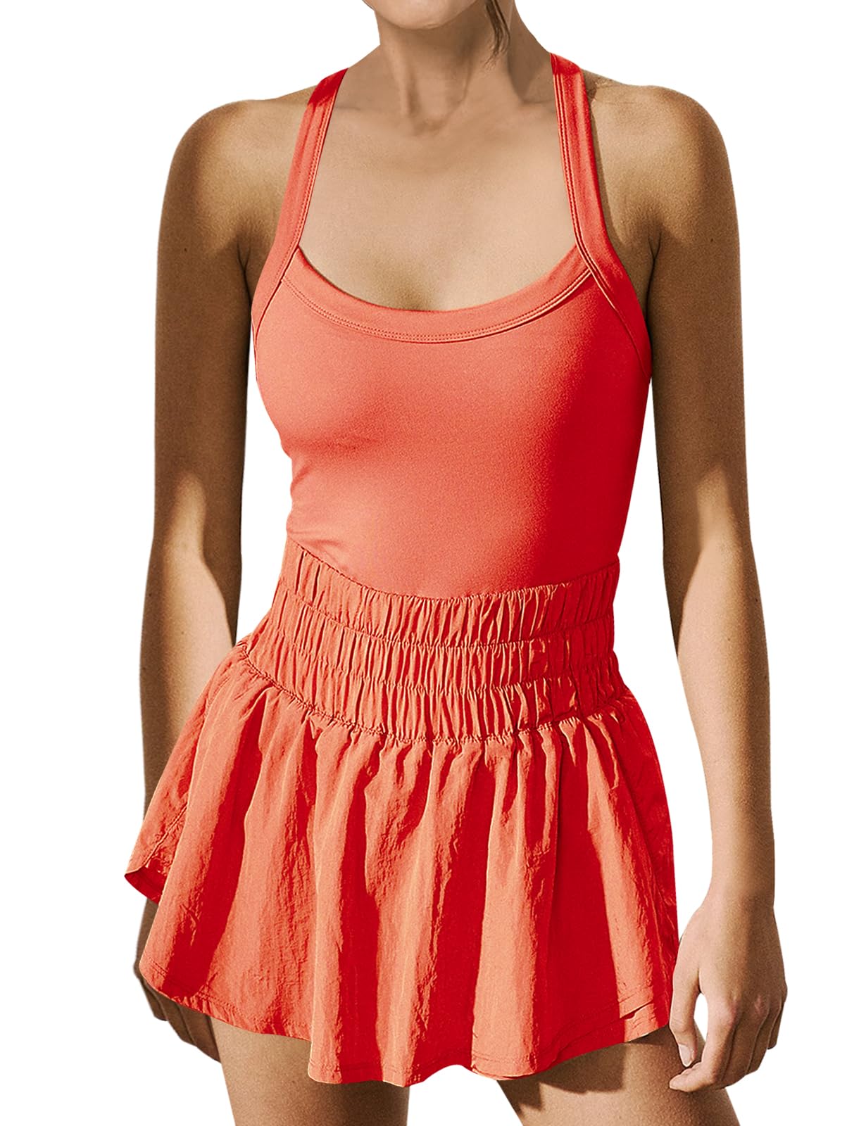 UgerlovWomen's Onesie Workout Romper Crisscross Backless Active Wear One Piece Outfit Exercise Jumpsuits Skort Bodysuit, Orange L