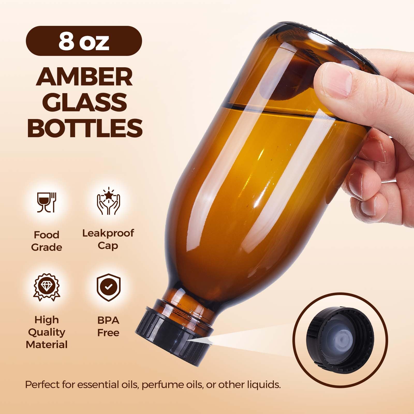 Paquete de 12 botellas de vidrio ámbar de 8 onzas con tapas, a prueba de fugas, rellenables, vacías, marrón Boston, botellas dispensadoras de muestras para extracto de vainilla casero, aceites