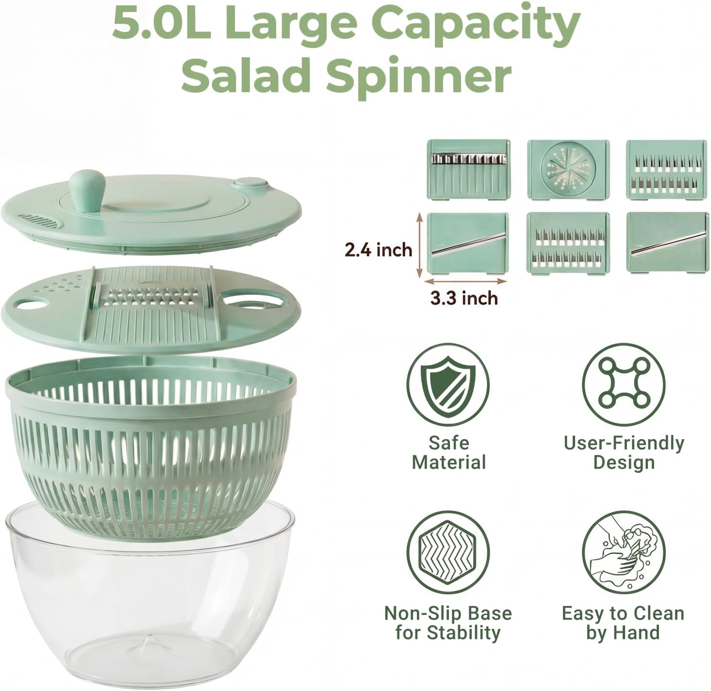 4-Pack Large Salad Spinner and Slicer - 5.3 Qt, 3 IN 1 Large Vegetables & Fruits Wash Bowl, Lettuce Washer Spinne with 5 Blade Slicer Egg Yolk Strainer, Bowl for Efficient Salad Preparation (Green)