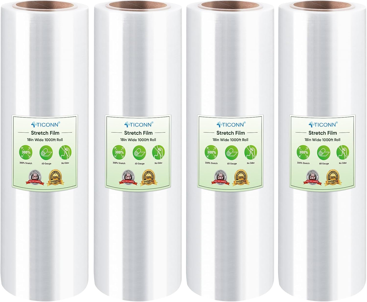 TICONN 4Pk Stretch Wrap Stretch Film Roll, 1000ft Industrial Strength 18 inch Wide Clear Plastic Wrap for Pallet Wrapping Shipping Moving (No Handle)