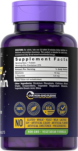 Vista 2 de Carlyle Melatonin 10mg 270 Tablets with L-Theanine Vegetarian, Non-GMO, Gluten Free Supplement
