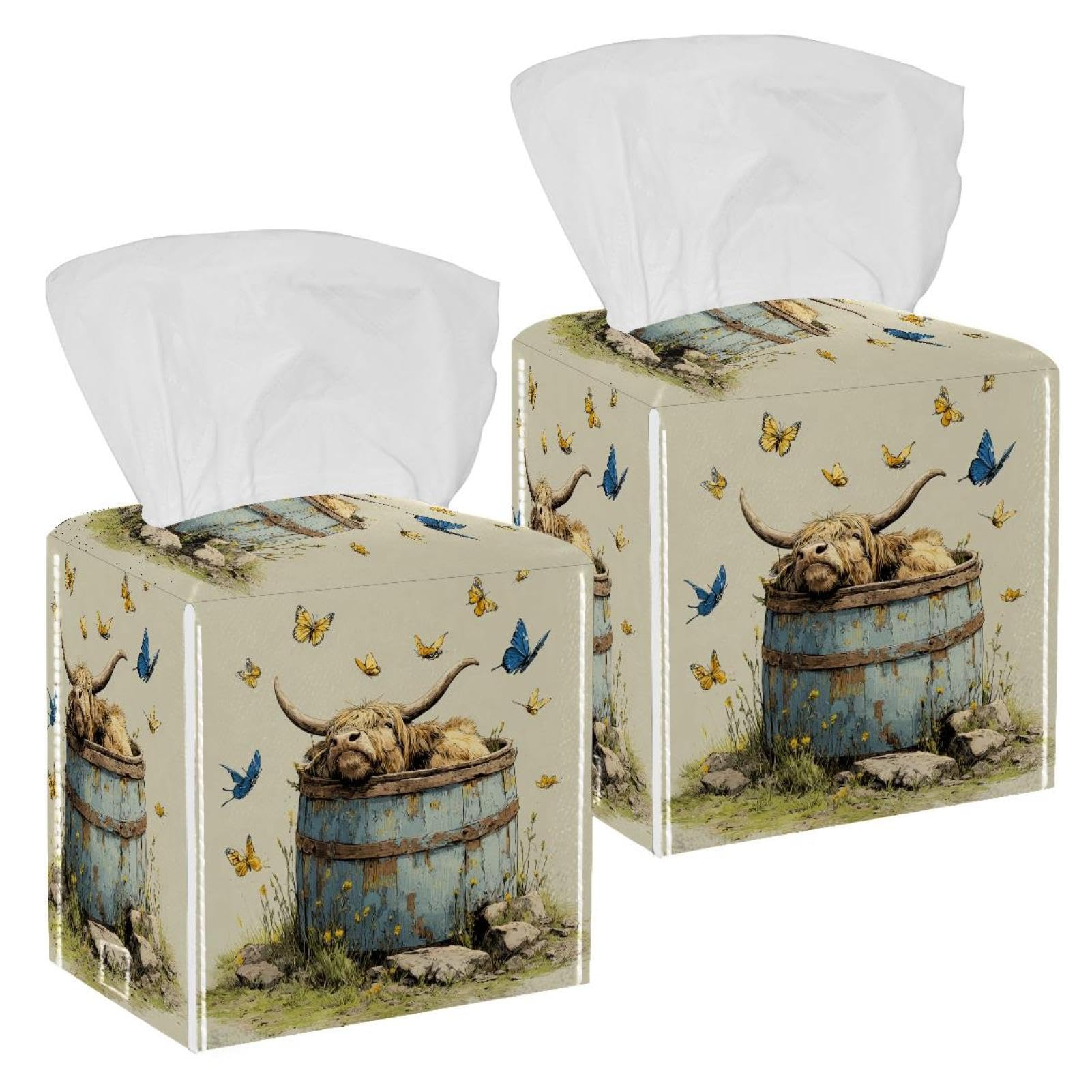 Highland Cow Tissue Box Cover, 2 Pack PU Leather Square Facial Tissue Dispenser Box holder for Home Office Car