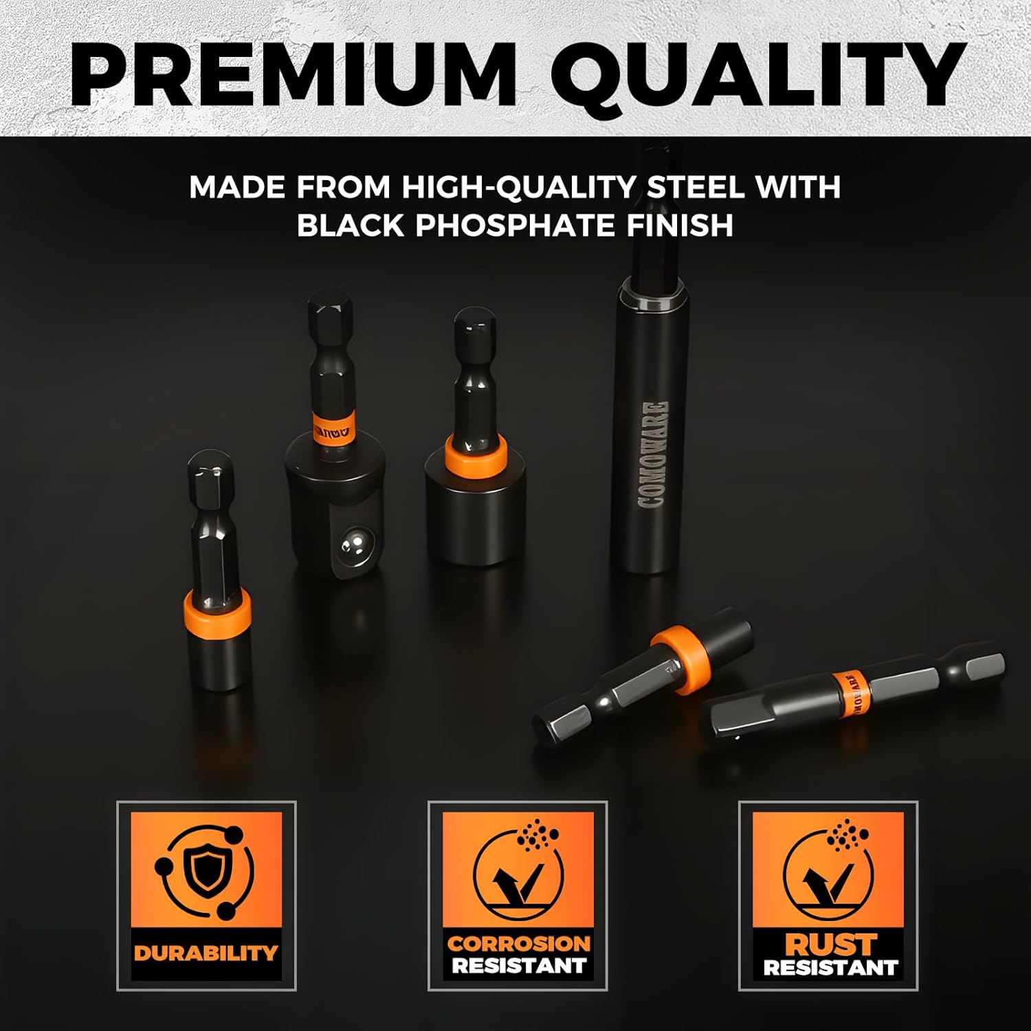 COMOWARE 68Pcs Impact Screwdriver Bit Set, Black Oxide Coated Bits with Dry Anti-Rust Oil, Includes 1", 2", 3-1/2" Bits, 6 Sockets & Magnetic Driver for Drill/Hand Tools, Portable Storage Case