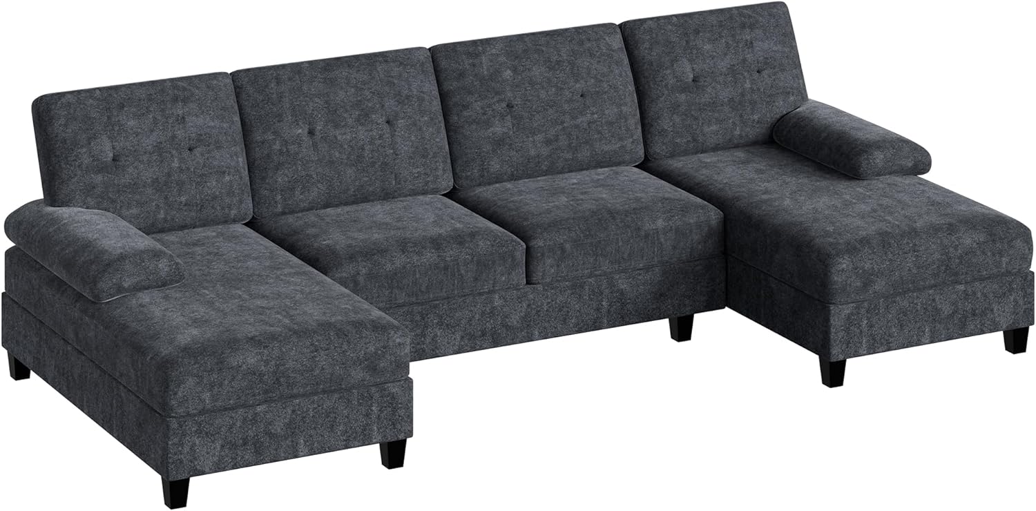 Shintenchi U-Shaped Sectional Couches for Living Room, 4 Seat Sofa with Double Chaise Lounges,Solid Wood Frame Sectional Sofa for Apartment,Dark Grey