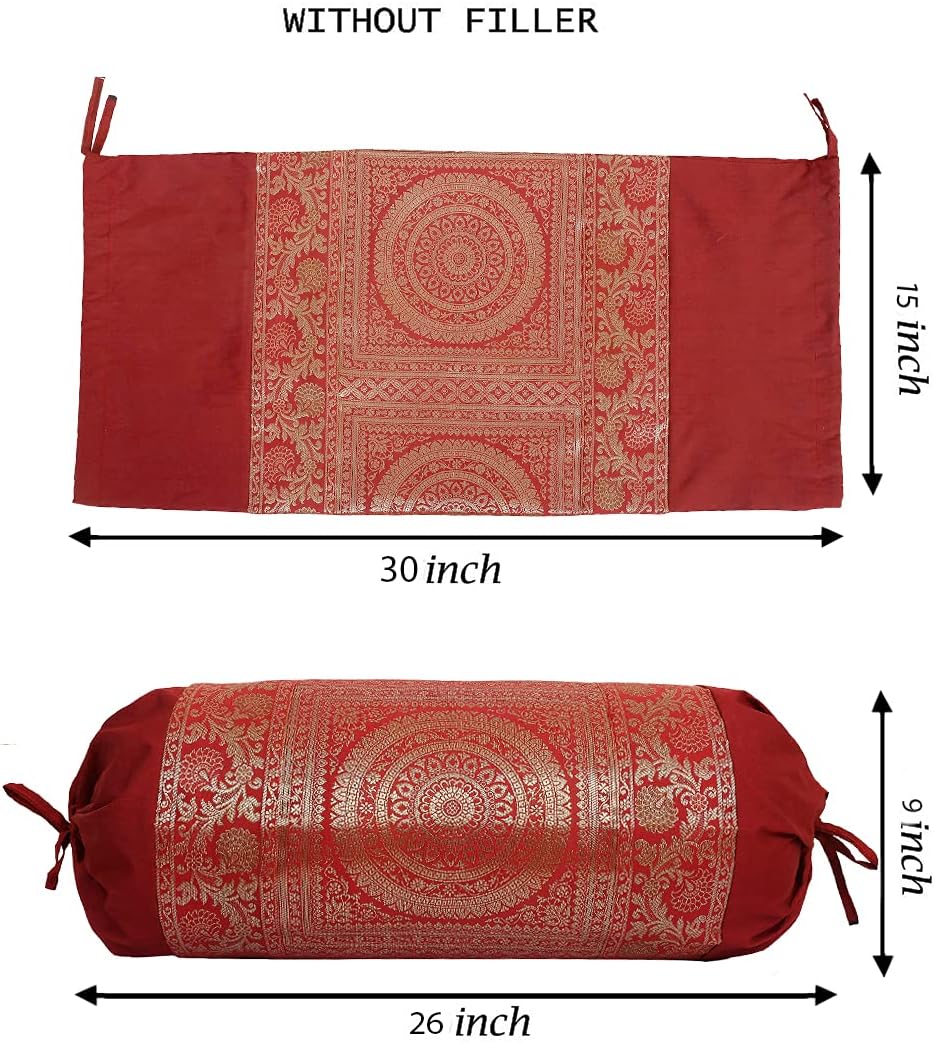Ethnic Jacquard Brocade Silk Bolster Throw Pillow Covers for Bed Cylindrical Hotdog Maroon Yoga Living Room Decorative Mandala Traditional Throw Pillowcase 76x38 cm - Set of 2 Pcs