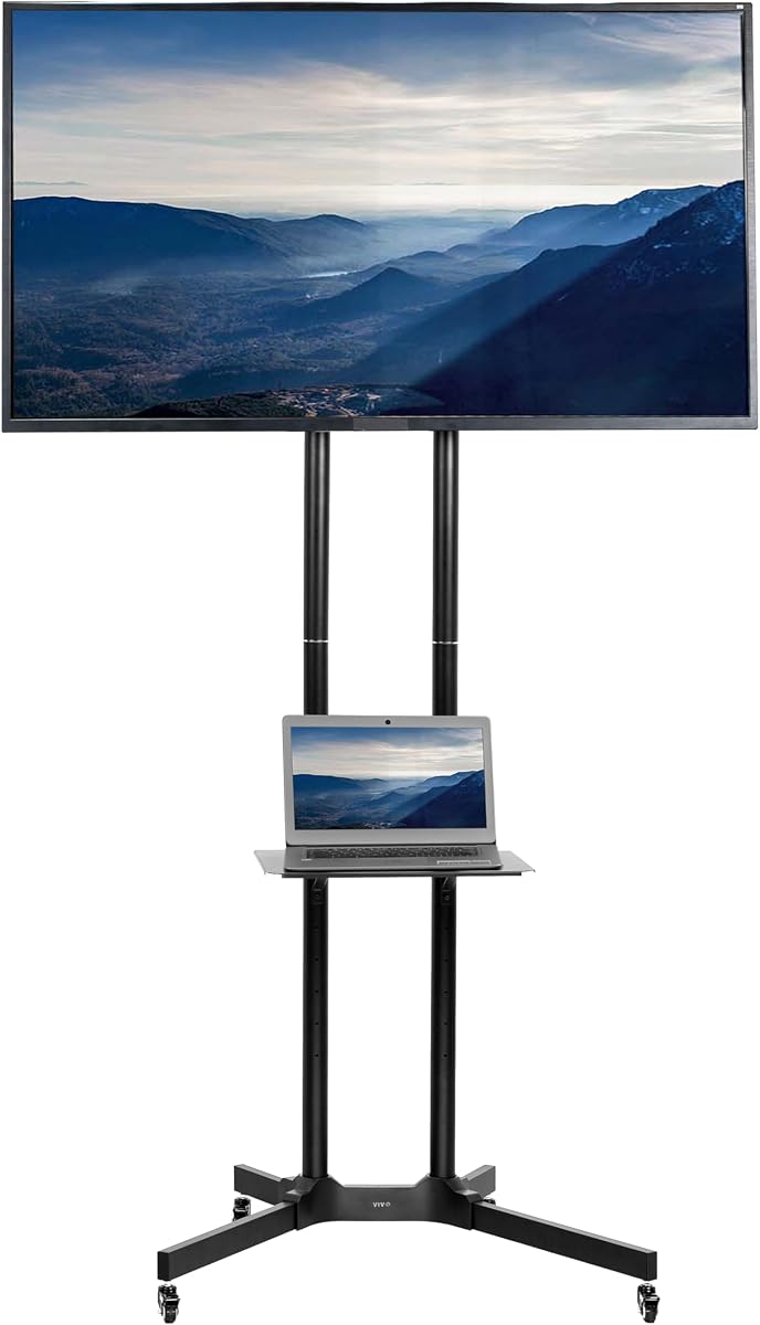 VIVO Carro alto para TV para pantallas de 32 a 83 pulgadas de hasta 110 libras, LCD LED OLED 4K paneles planos y curvos inteligentes, soporte rodante con estante para DVD para computadora portátil, ruedas de bloqueo, Max VESA 600x400, negro, STAND-TV13E