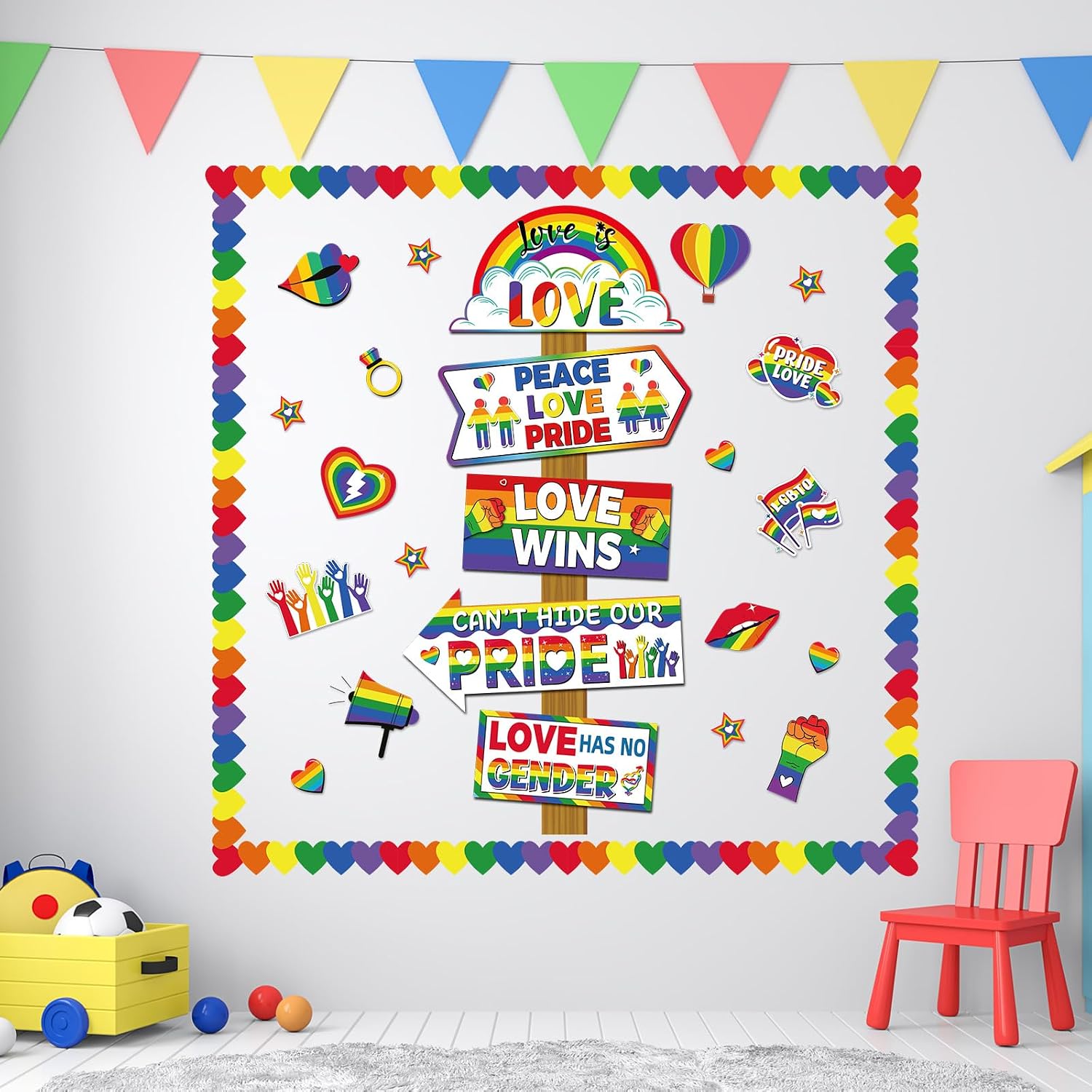 party greeting LGBT Pride Month Bulletin Board Inspirational Classroom Decoration Pride Month Signpost Rainbow Paper Cutouts LGBTQ Love is Love Supplies for School Office Library Wall Door Decor
