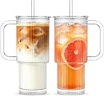 INSETLAN 26oz Gobelet en verre côtelé avec poignée & Couvercle – 2-Pack Grandes tasses de café glacé avec pailles, Tasse en verre moderne pour froid & Boissons chaudes, coupe de voyage esthétique pour smoothies, thé et jus
