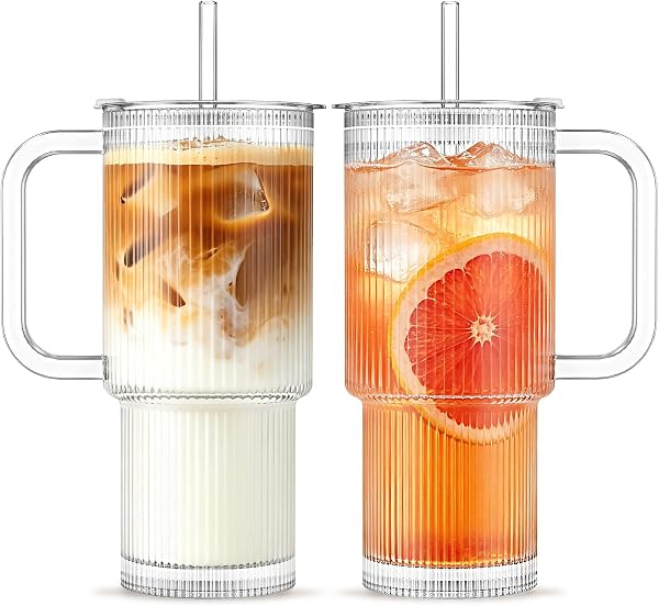 26oz Ribbed Glass Tumbler with Handle & Lid – 2-Pack Large Iced Coffee Cups with Straws, Modern Glass Mug for Cold & H
